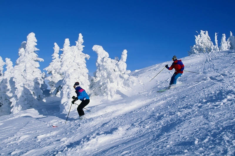 Couple skiing white poweder near Myoko Japan